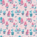 Seamless pattern with Cute hand drawn cats in different poses with plant pots. Vector flat doodle Scandinavian cartoon character.