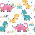 Seamless pattern with cute hand drawn dinosaurs. Funny vector childish background for fabric, textile, cards, invitations. Royalty Free Stock Photo