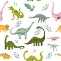 Seamless pattern with cute hand drawn dinosaurs.Sketch Jurassic,mesozoic reptiles.Various dino characters.