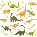 Seamless pattern with cute hand drawn dinosaurs.Sketch Jurassic,mesozoic reptiles.Various dino characters.