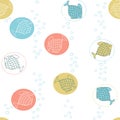 Seamless pattern with cute hand drawn fishes and air bubbles.
