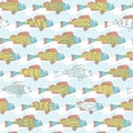 Seamless pattern with cute hand drawn fishes and shadows
