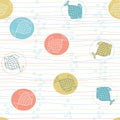 Seamless pattern with cute hand drawn fishes, stripes and air bu
