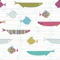 Seamless pattern with cute hand drawn fishes, stripes and air bu