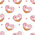 Seamless pattern with cute hand drawn heart-shaped donut on white background. Royalty Free Stock Photo