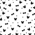 Seamless pattern with cute hand drawn panda bear head and smiling faces,decorated with scarf and bow in pink,white and