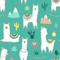 Seamless pattern of cute hand-drawn white llamas or alpacas, cacti, mountains, sun, garlands on a blue background. Illustration fo