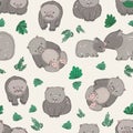 Seamless pattern with cute hand drawn wombats and green leaves. Backdrop with funny adult and baby animals on light Royalty Free Stock Photo