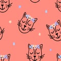 Seamless pattern with cute handdrawn sleeping cat girl on color background,dreamy kitten head,illustration for kids
