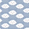 Seamless pattern with cute happy cartoon kawaii cloud on blue backdrop with rain drops. Dreaming cloud vector background