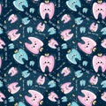 Seamless pattern of cute happy doodle cartoon pink and blue tooths with yellow crown in kawaii style Royalty Free Stock Photo