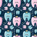 Seamless pattern of cute happy doodle cartoon pink and blue tooths with yellow crown in kawaii style Royalty Free Stock Photo