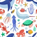 Seamless pattern with cute happy marine animals living in ocean. Backdrop with underwater fauna or sea world creatures Royalty Free Stock Photo