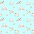 Seamless pattern with cute hares and roe deer in the snow and snowflakes, pattern, packaging