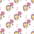 Seamless pattern with cute hedgehog character with flower on white background with hearts and butterflies. Vector Royalty Free Stock Photo