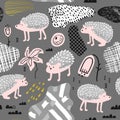 Seamless Pattern with Cute Hedgehog. Creative Hand Drawn Childish Animal Background for Fabric, Wallpaper, Decoration