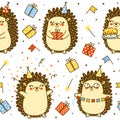 Seamless pattern with cute hedgehog isolated on white - cartoon background for happy Birthday wrapping design