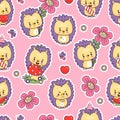 Seamless pattern with cute hedgehogs with fly agaric mushroom, butterflies and flowers on pink background. Vector Royalty Free Stock Photo