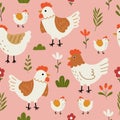 Seamless pattern with cute hen, chicks, flowers and leaves for your fabric, children textile, apparel, nursery decoration, gift