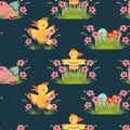 Seamless pattern with cute hens and roosters. Endless background with colored easter eggs hidden in grass. Baby texture design.
