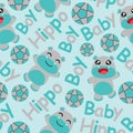 Seamless pattern of cute hippo boy and ball on blue background Vector cartoon illustration suitable for fabric clothes design Royalty Free Stock Photo