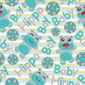 Seamless pattern of cute hippo boy and ball on striped background Vector cartoon illustration suitable for fabric clothes design Royalty Free Stock Photo