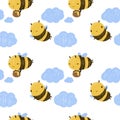 Seamless pattern cute Honey Bee illustration flying in sky with clouds. White background.