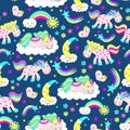 Seamless pattern of cute horses lying on the clouds, a rainbow emerging from the clouds, the sun, the moon in the form