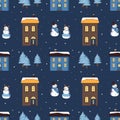 Seamless pattern with cute houses with a bright roof on the snow, snowmen and Christmas trees Royalty Free Stock Photo