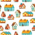 Seamless pattern with cute houses. Country cottages background.