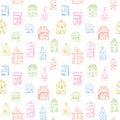 Seamless pattern with cute houses in doodle style. Colorful houses painted by hand on a white background Royalty Free Stock Photo