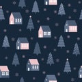 Seamless pattern with cute houses in snowy forest