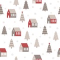 Seamless pattern with cute houses in snowy forest