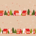 Seamless pattern with cute houses in snowy forest