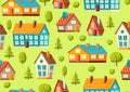 Seamless pattern with cute houses and trees.. Country cottages background.