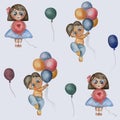 Seamless pattern. Cute illustration of a boy and girl with colorful balloons. Large figures of children on a blue