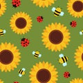 Seamless pattern with cute insects and flowers. bee, ladybug and sunflowers cartoon style Royalty Free Stock Photo