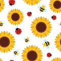 Seamless pattern with cute insects and flowers. bee, ladybug and sunflowers cartoon style Royalty Free Stock Photo