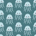 Seamless pattern of cute jellyfish on blue background. Marine life animals. Template for baby shower, print, fabric Royalty Free Stock Photo