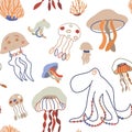 Seamless pattern with cute jellyfish, octopus and coral.