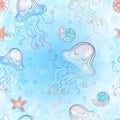 Seamless pattern with cute jellyfish. Watercolor. Vector