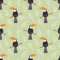 Seamless pattern with cute jungle parrot toucan on green