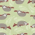 Seamless pattern with cute jungle sloths on green background Royalty Free Stock Photo