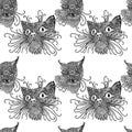 Seamless pattern with cute kats. Cat background in mandala style. Black and white vector illustration. Royalty Free Stock Photo