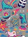 Seamless pattern with cute kawaii animals, dinosaurs and monsters in the galaxy. Vector illustration