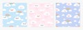 Seamless pattern with cute kawaii clouds. Clouds characters with rainbows on pastel pink, blue and purple backgrounds. Seamless