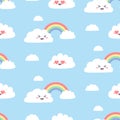 Seamless pattern with cute kawaii clouds. Simple cloud characters with rainbow on blue background. Vector seamless design