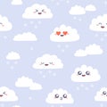 Seamless pattern with cute kawaii clouds. Simple cloud happy characters with snowflakes on purple background. Vector seamless