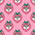 Seamless pattern with cute kawaii dog Siberian Husky in funny costume fruit peach. Royalty Free Stock Photo