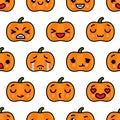 Seamless pattern with cute kawaii emoji Halloween Pumpkin vector cartoon illustration
